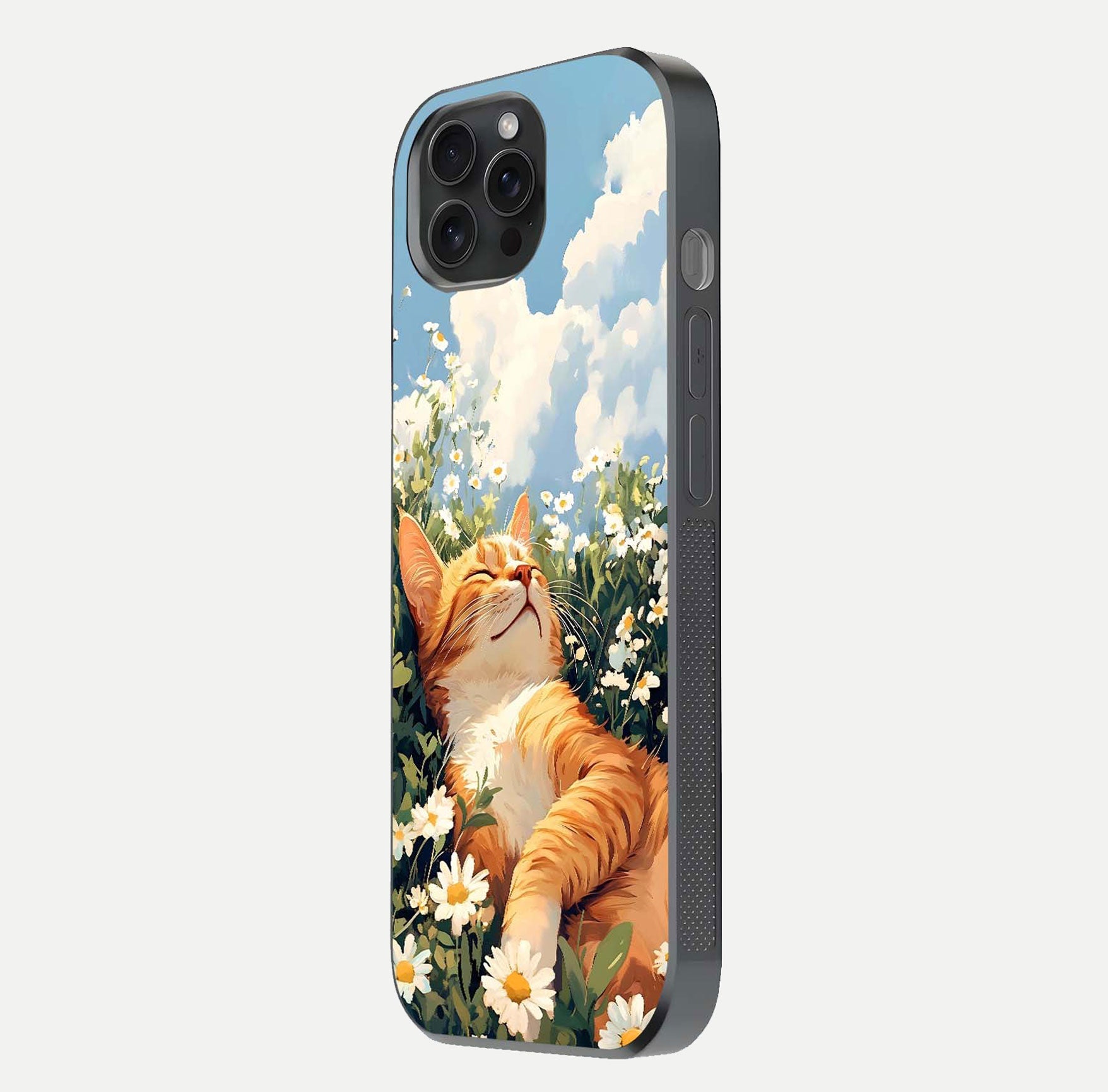 Cat & Flowers View Glass Case for iPhone 15 Pro side-angle image capturing cat print clarity and gloss tone