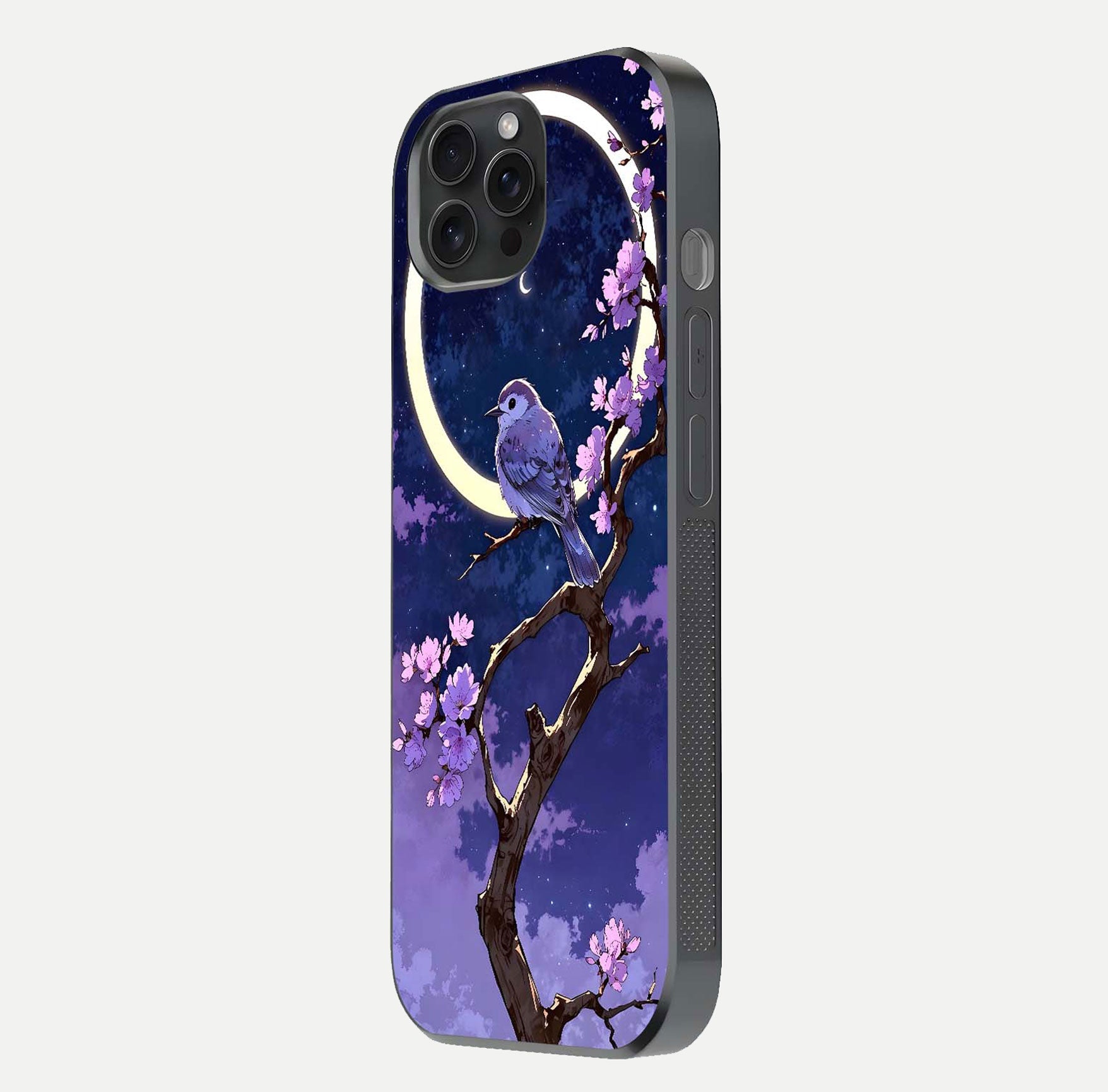 Celestial Bird Blossom Glass Case for iPhone 15 Pro side-angle image showing detailed wings and glossy polish
