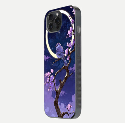 Celestial Bird Blossom Glass Case for iPhone 15 Pro side-angle image showing detailed wings and glossy polish