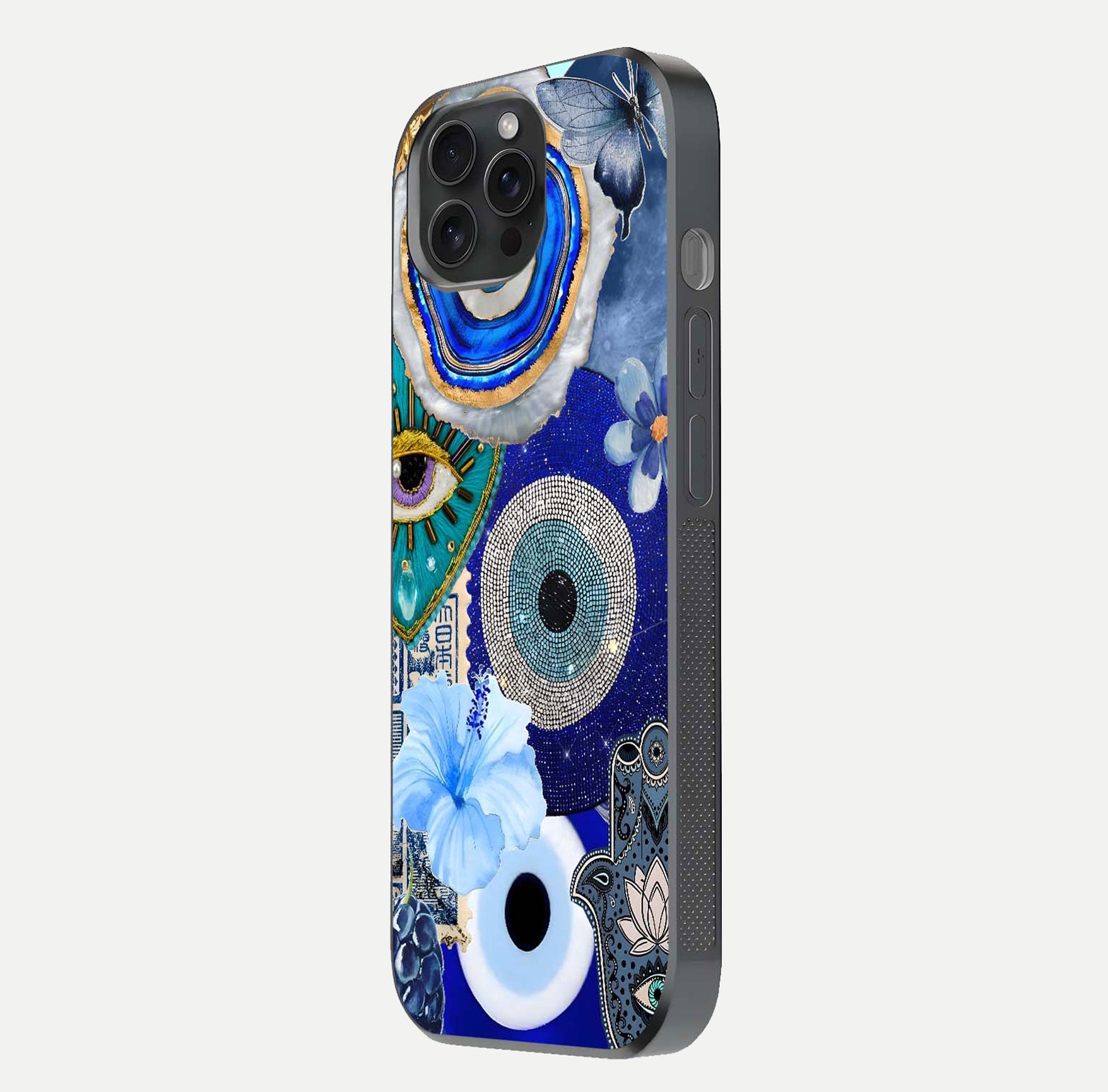Celestial Blue Vision Glass Case for iPhone 15 Pro side-angle image capturing starlight shimmer and glass reflection