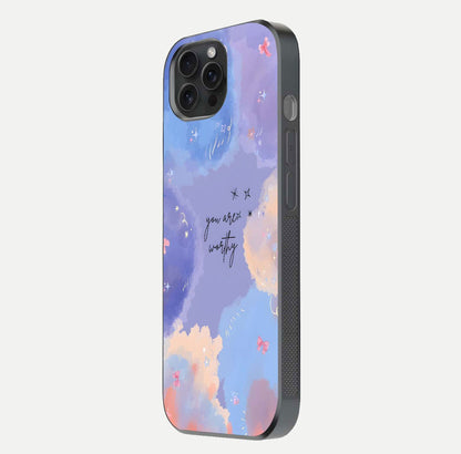 Celestial Cloud Magic Glass Case for iPhone 15 Pro side-angle photo showing edge reflection and dreamy texture