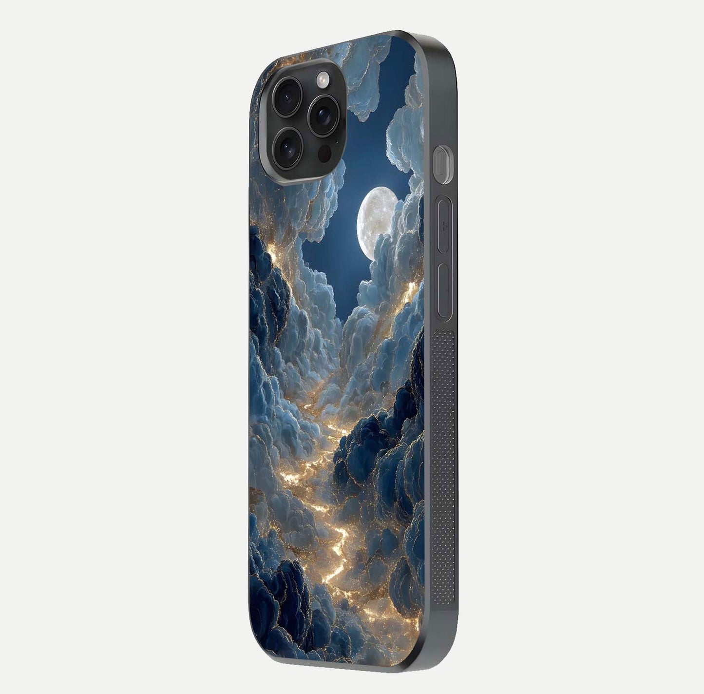 Celestial Cloud Road Glass Case for iPhone 15 Pro side-angle image showing soft pastel tones and edge clarity