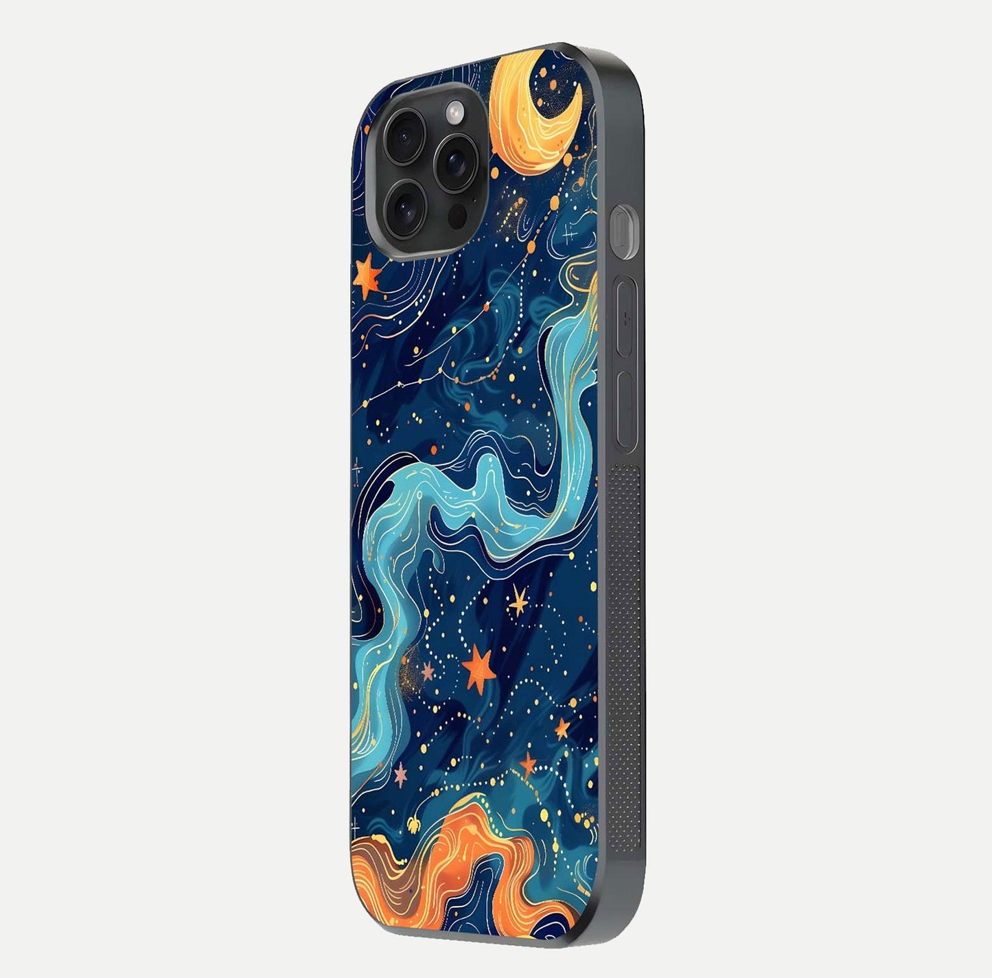 Celestial Dream Flow Glass Case for iPhone 15 Pro side-angle image capturing color swirl and glass reflection