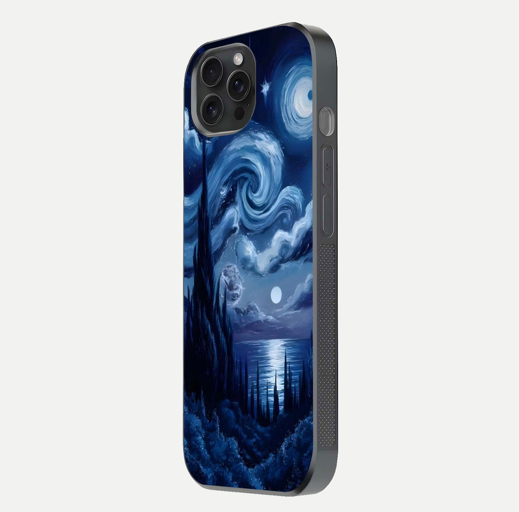Celestial Dream Van Gogh Glass Case for iPhone 15 Pro side-angle photo showing depth swirl design and curved reflection