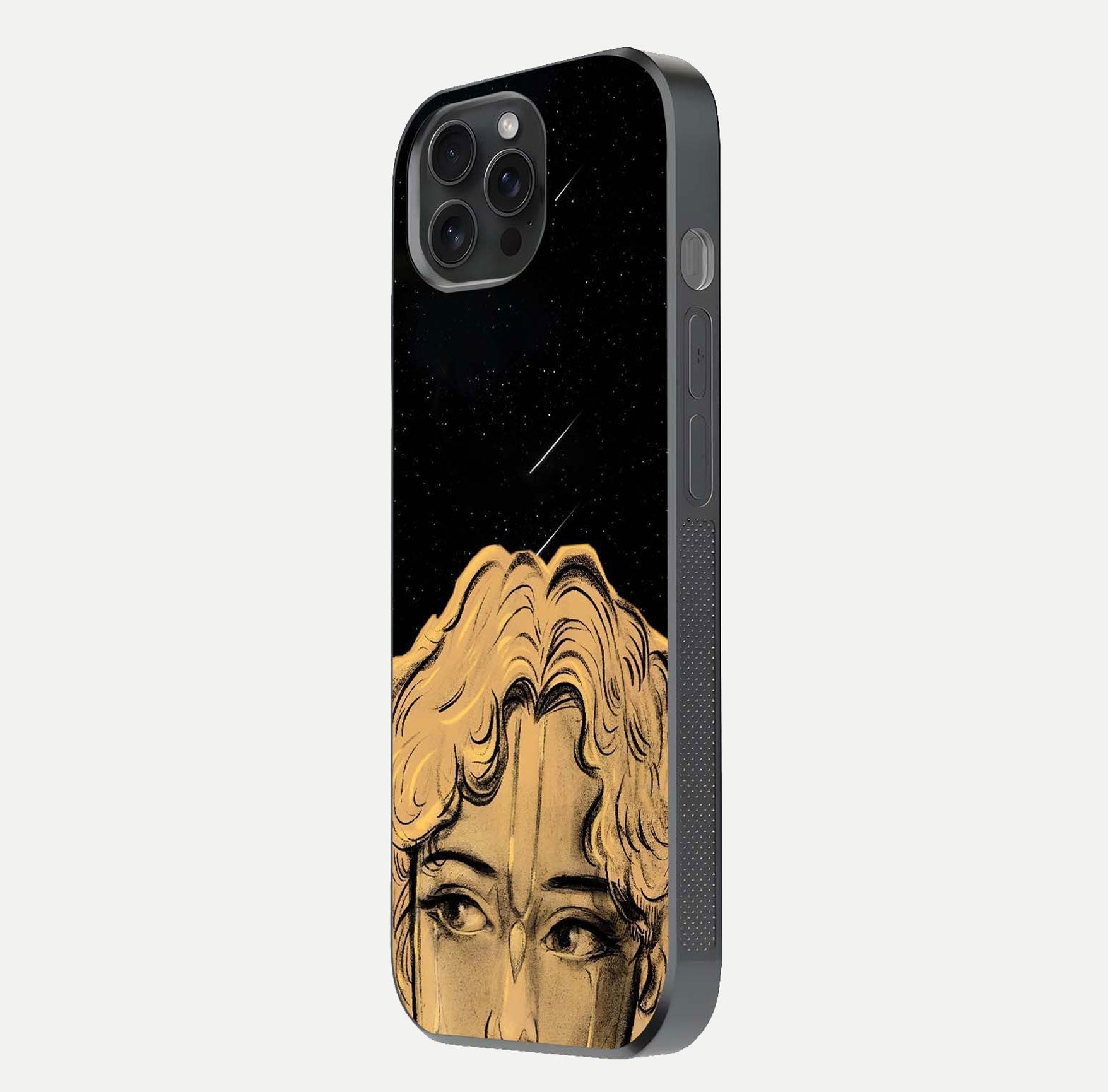 Celestial God’s Plan Glass Case for iPhone 15 Pro side-angle image showing gloss, camera frame, and cosmic tones