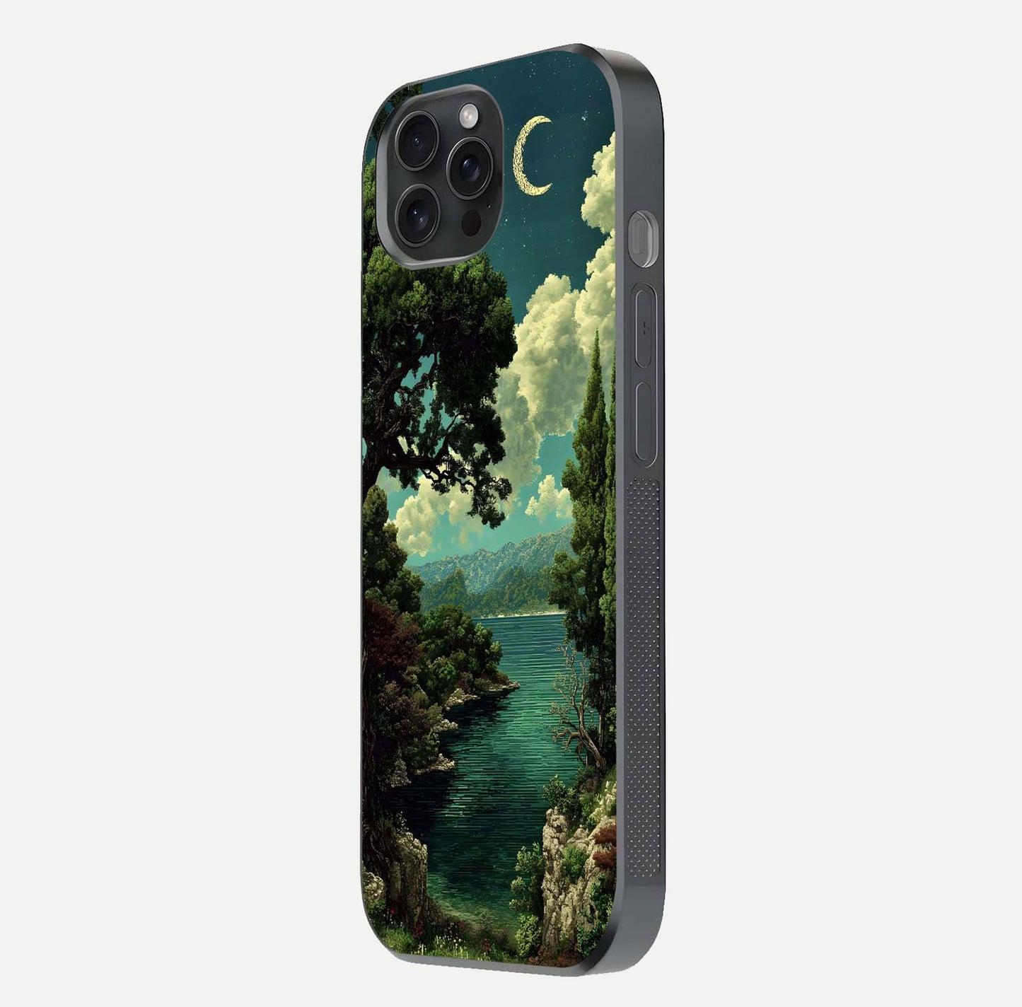 Celestial Lake Peace Glass Case for iPhone 15 Pro side-angle image displaying reflective glow and gentle edges