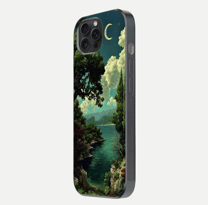Celestial Lake Peace Glass Case for iPhone 15 Pro side-angle image displaying reflective glow and gentle edges