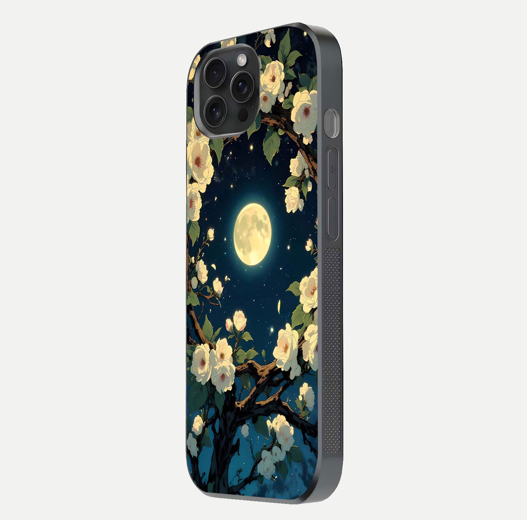 Celestial Moon & Flower Glass Case for iPhone 15 Pro side-angle image showing edge smoothness and glow reflection
