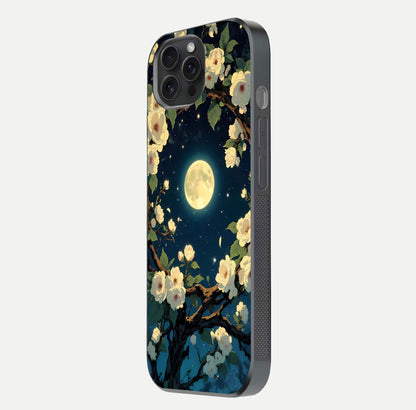 Celestial Moon & Flower Glass Case for iPhone 15 Pro side-angle image showing edge smoothness and glow reflection
