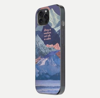 Celestial Mountain Calm Glass Case for iPhone 15 Pro side-angle image capturing mountain detail and shine gradient