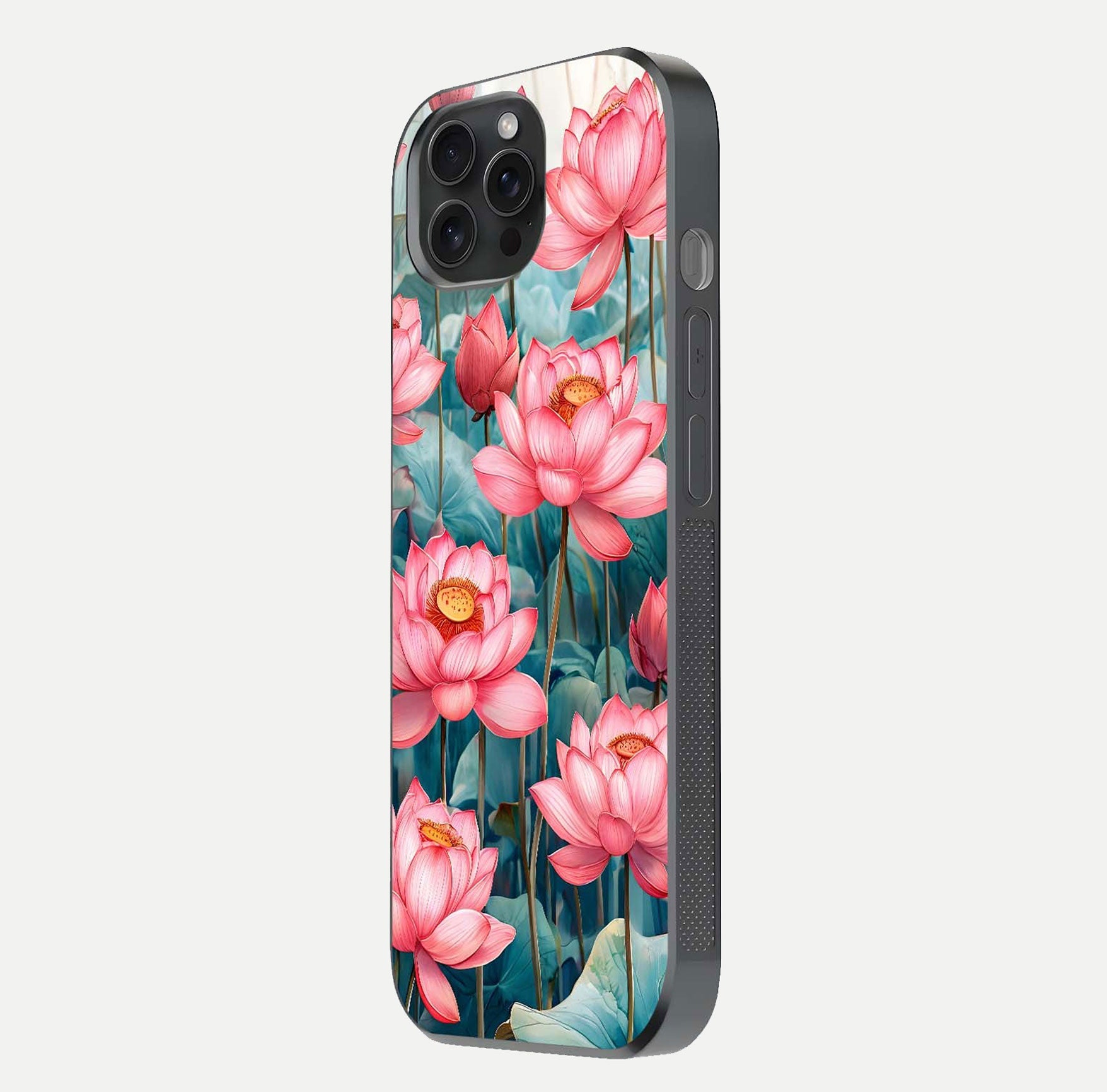 Celestial Pink Lotus Glass Case for iPhone 15 Pro side-angle image showing reflective shine and petal curve