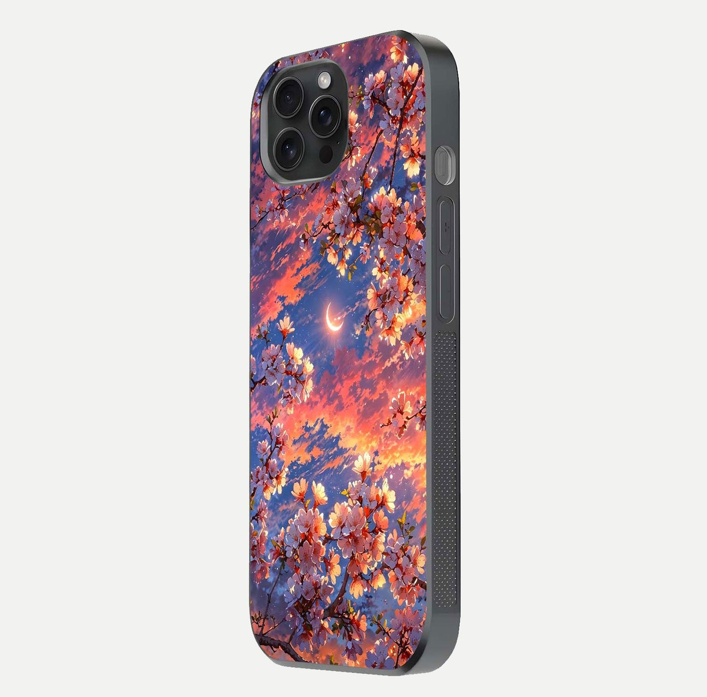 Celestial Sakura Sunset Glass Case for iPhone 15 Pro side-angle image showing edge glow and petal texture