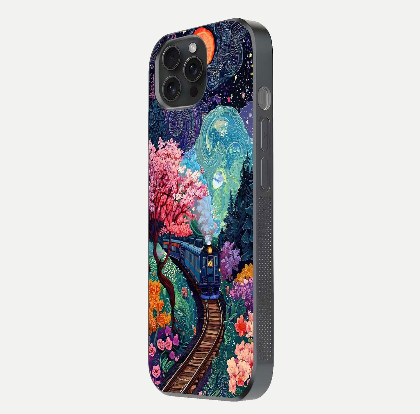 Celestial Train Journey Glass Case for iPhone 15 Pro side-angle image showing polished curve and HD print detail