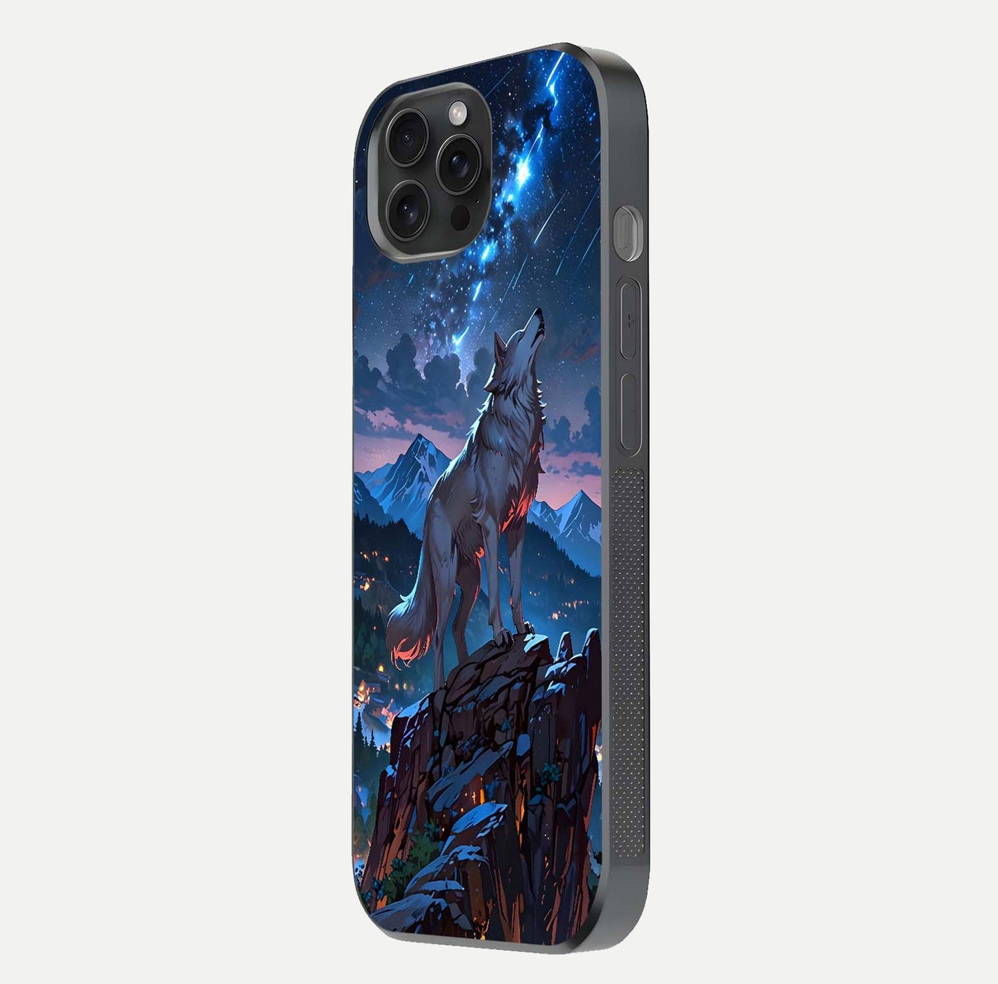Celestial Wolf Howl Glass Case for iPhone 15 Pro side-angle image showing curve polish and moon glow