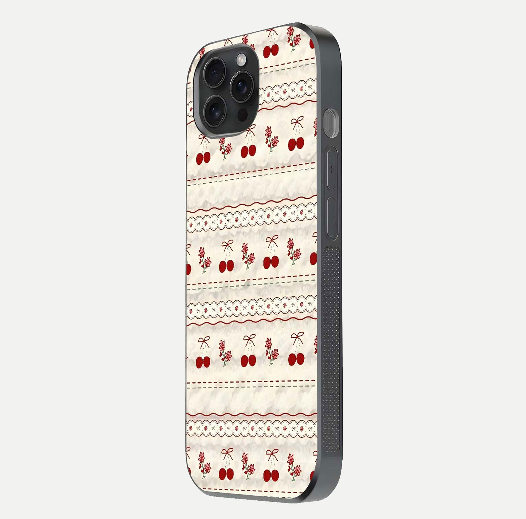 Cherry Bloom Charm Glass Case for iPhone 15 Pro side-angle photo showing flower detail and edge light