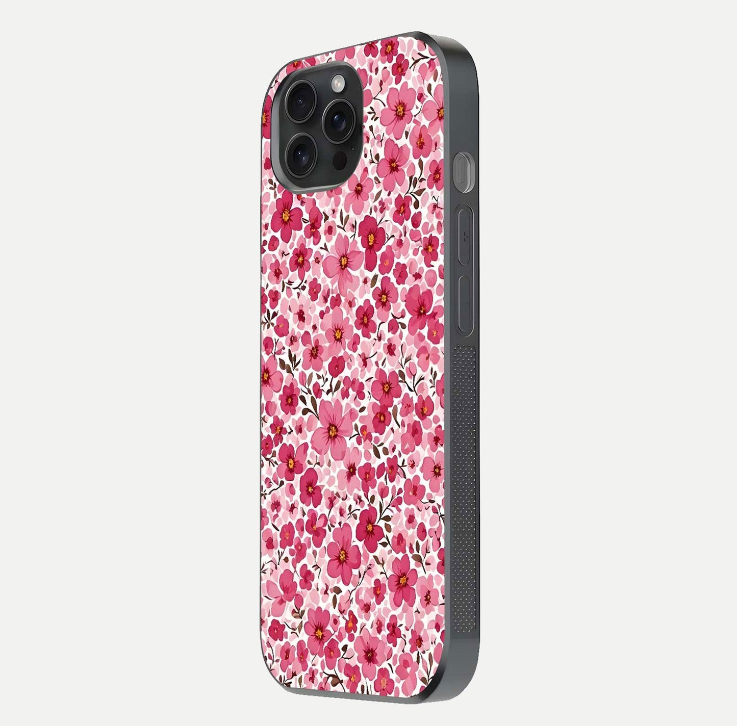 Cherry Blossom Charm Glass Case for iPhone 15 Pro side-angle image showing reflection gloss and soft texture