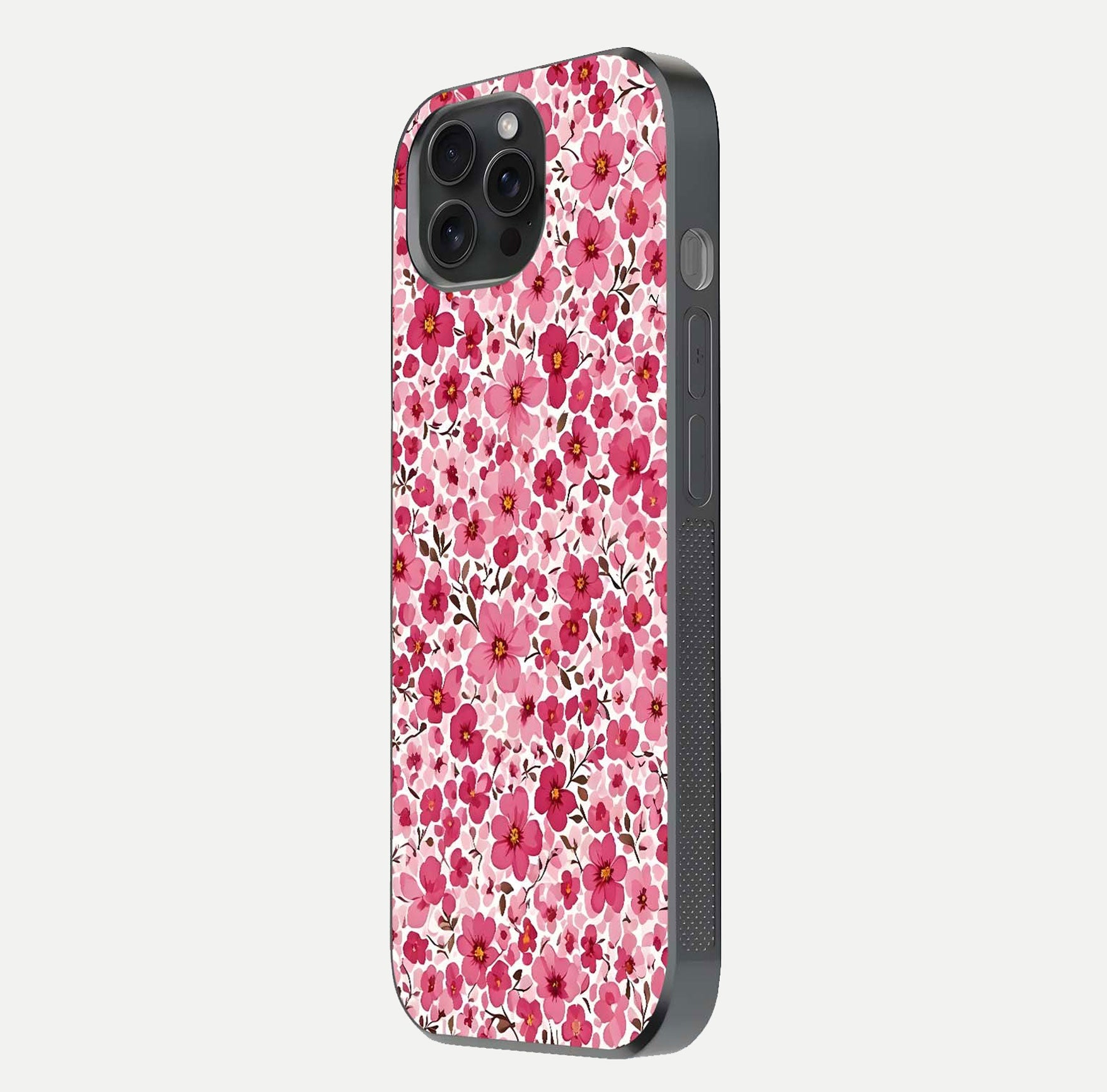 Cherry Blossom Charm Glass Case for iPhone 15 Pro side-angle image showing reflection gloss and soft texture