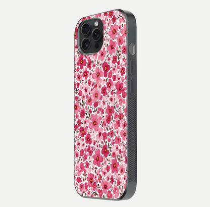 Cherry Blossom Charm Glass Case for iPhone 15 Pro side-angle image showing reflection gloss and soft texture