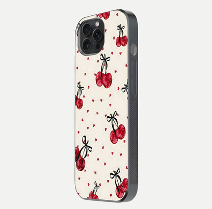 Cherry Heart Bow Glass Case for iPhone 15 Pro side-angle image capturing gloss texture and charm bow art