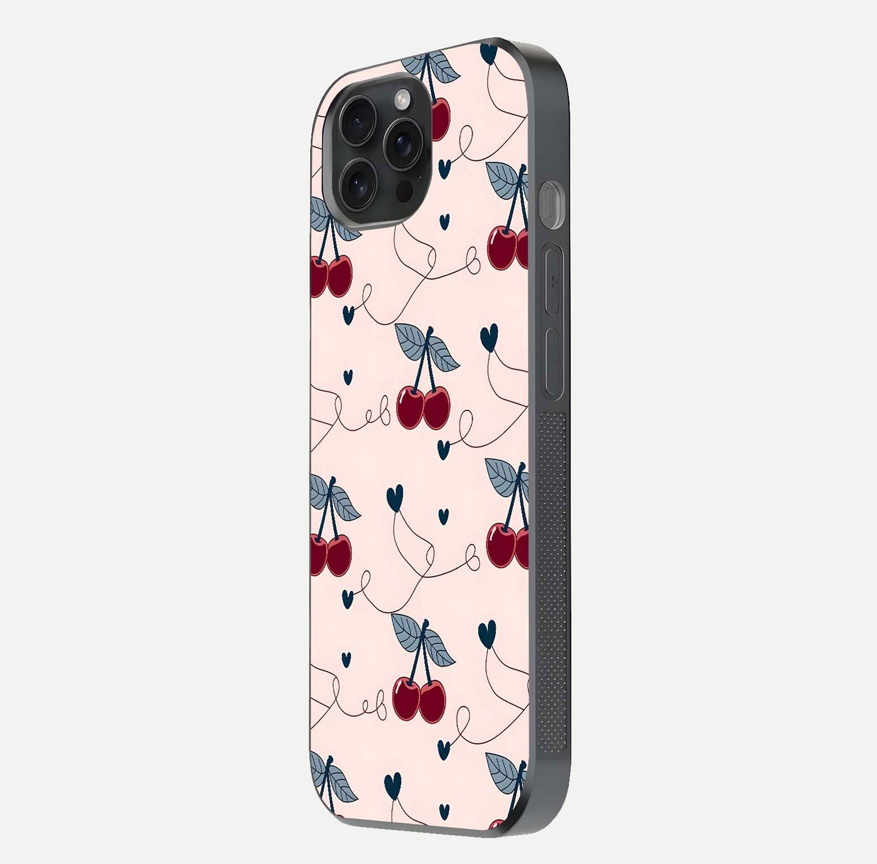 Cherry Heart Line Glass Case for iPhone 15 Pro side-angle view capturing smooth curves and shine effect