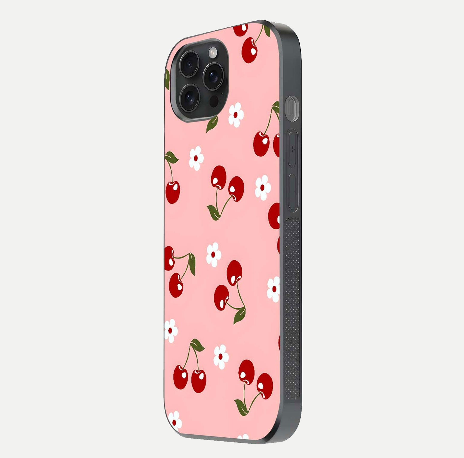 Cherry Love Mood Glass Case for iPhone 15 Pro side-angle image capturing smooth gloss and delicate details
