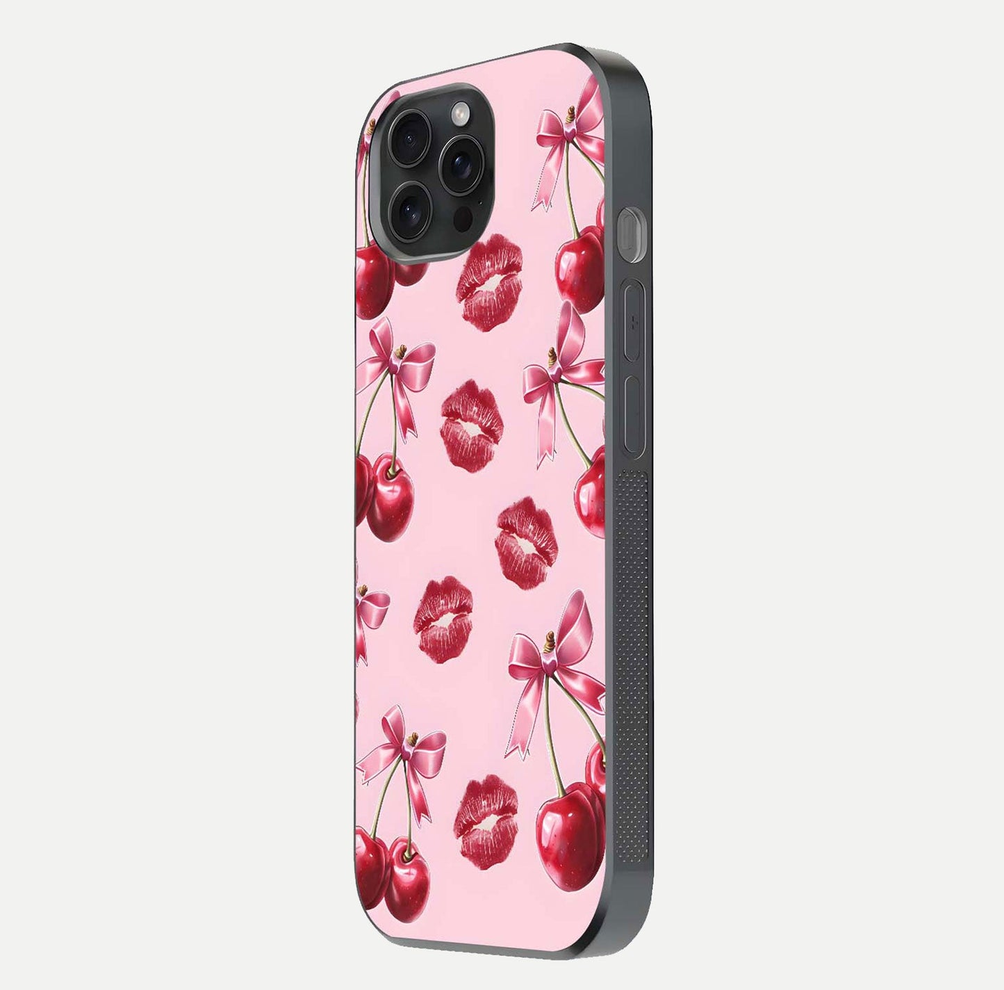 Cherry With Lips Glass Case for iPhone 15 Pro side-angle image showing gloss reflection and fine details