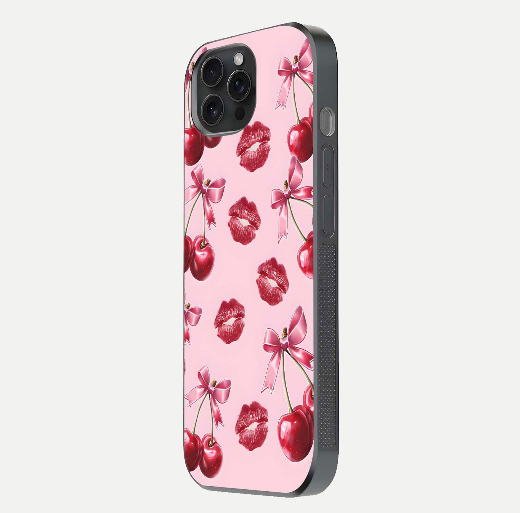 Cherry With Lips Glass Case for iPhone 15 Pro side-angle image showing gloss reflection and fine details