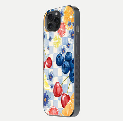Citrus Bloom Joy Glass Case for iPhone 15 Pro side-angle photo capturing bright color and glass reflection