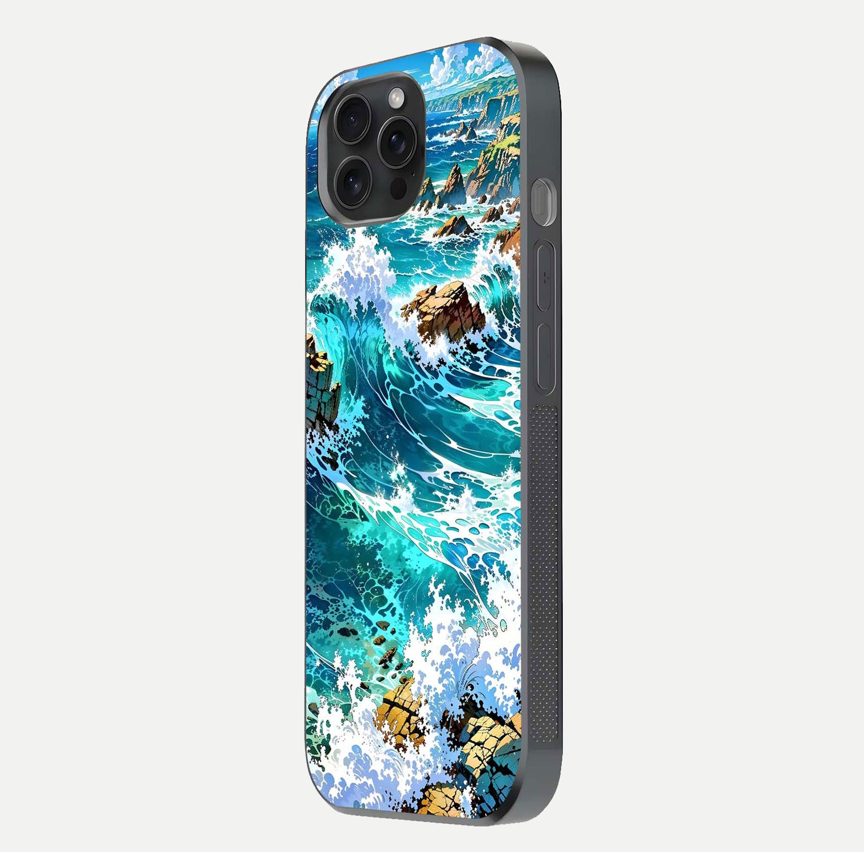 Coastal Blue Waves Glass Case for iPhone 15 Pro side-angle photo showing gloss texture and color depth