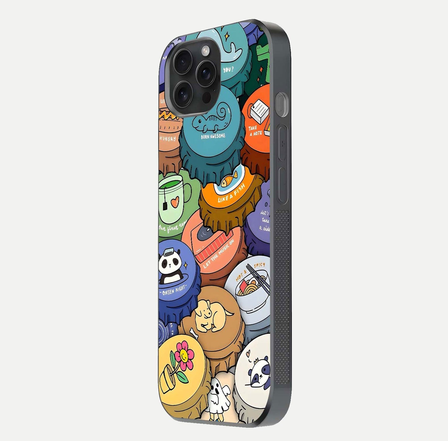 Coins Patterns Glass Case for iPhone 15 Pro side-angle photo capturing shine finish and curve glow