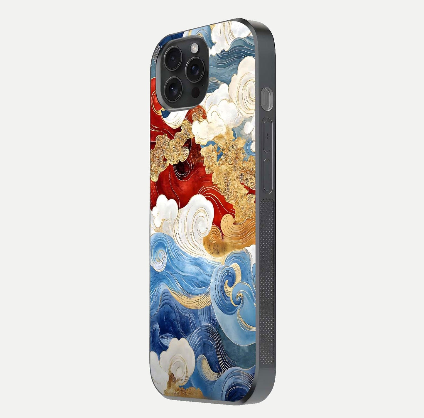 Colored Waves Glass Case for iPhone 15 Pro side-angle image showing light reflection, edge design, and shine
