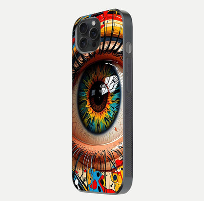 Colorful Eye Glass Case for iPhone 15 Pro side-angle photo showing reflective surface and design detail