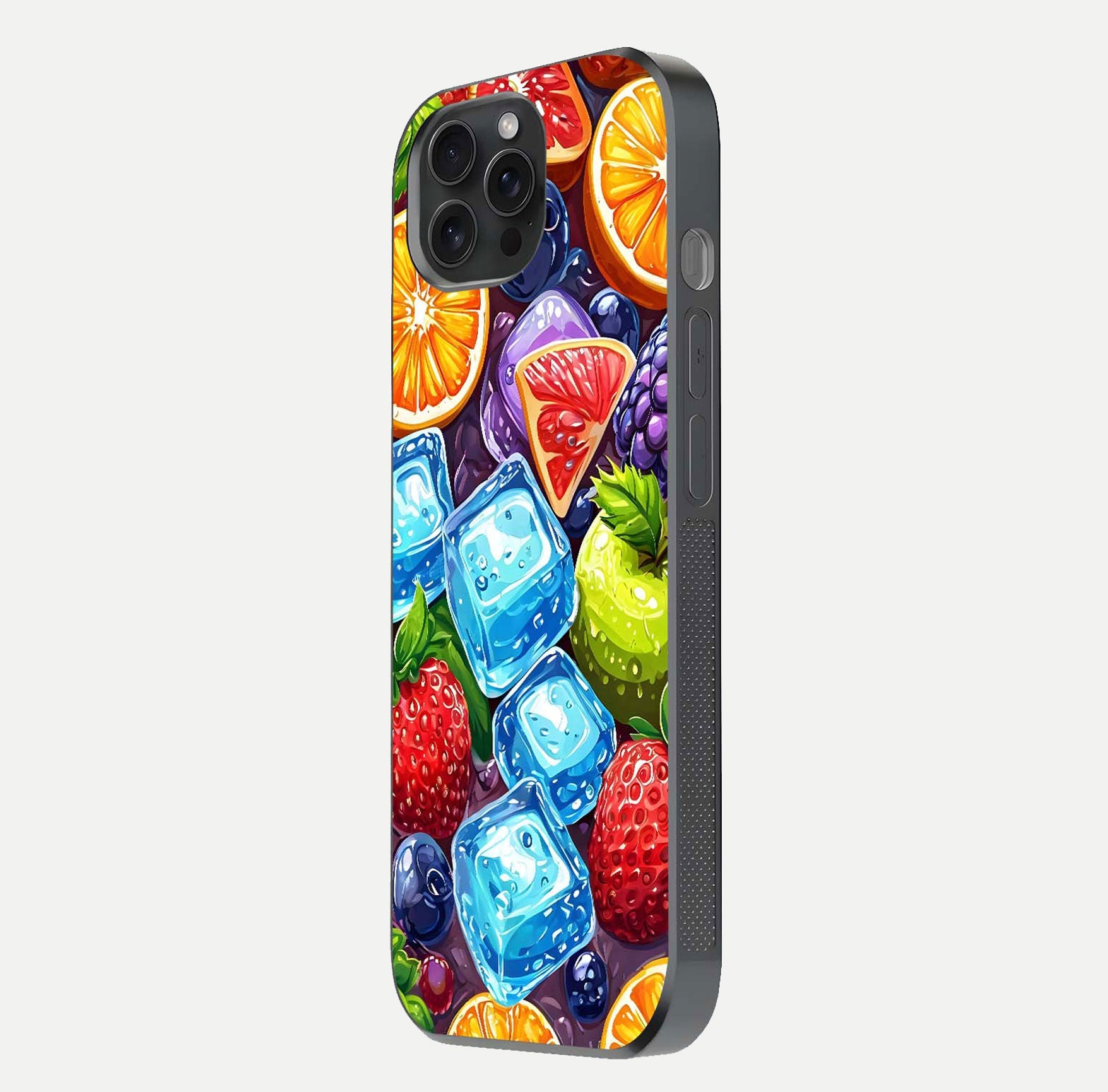 Colorful Fruits with Ice Glass Case for iPhone 15 Pro side-angle photo showing curve gloss and vivid tones