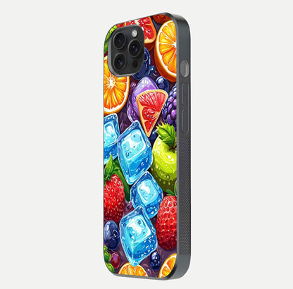 Colorful Fruits with Ice Glass Case for iPhone 15 Pro side-angle photo showing curve gloss and vivid tones