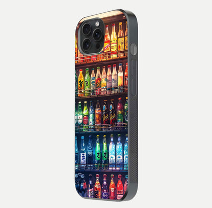 Colorful Soda Bottles Glass Case for iPhone 15 Pro side-angle photo showing polish shine and texture depth