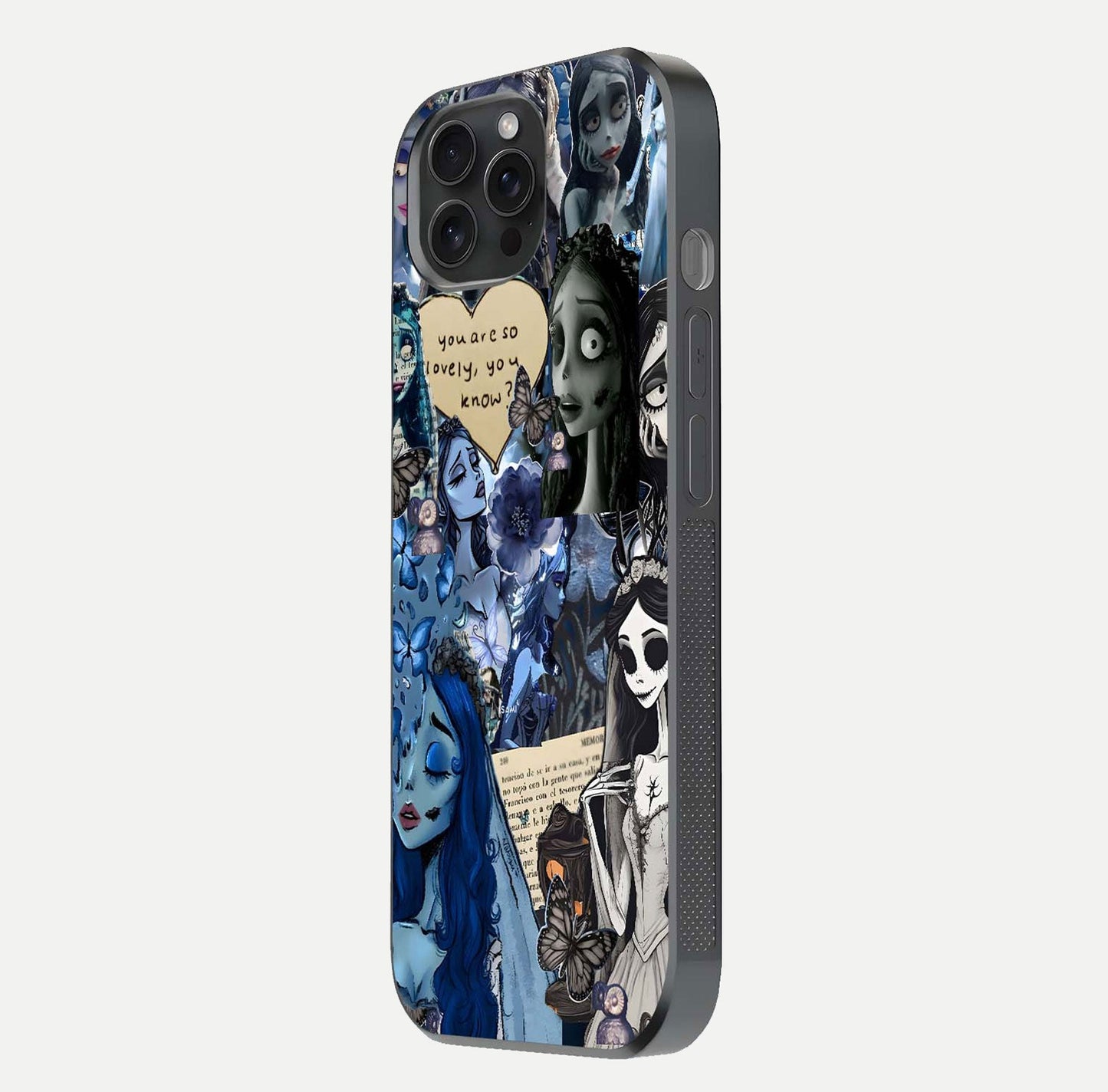 Corpse Bride Posters Glass Case for iPhone 15 Pro side-angle image capturing gloss reflection and smooth edge