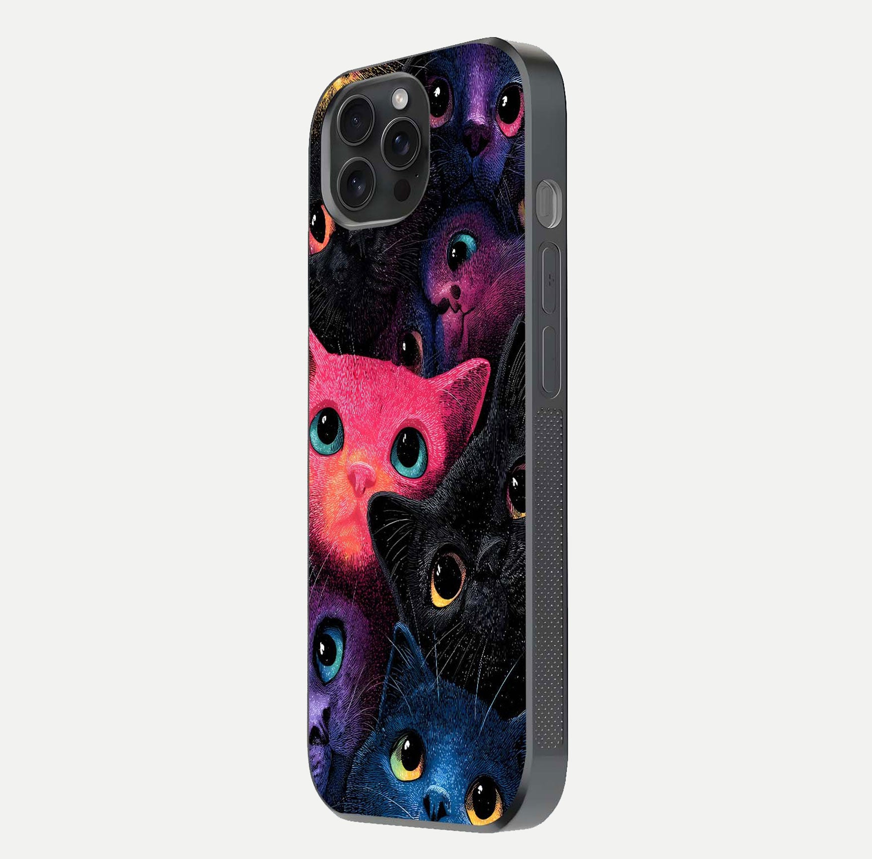 Cosmic Cats Dreams Glass Case for iPhone 15 Pro side-angle photo showing edge gloss and color depth