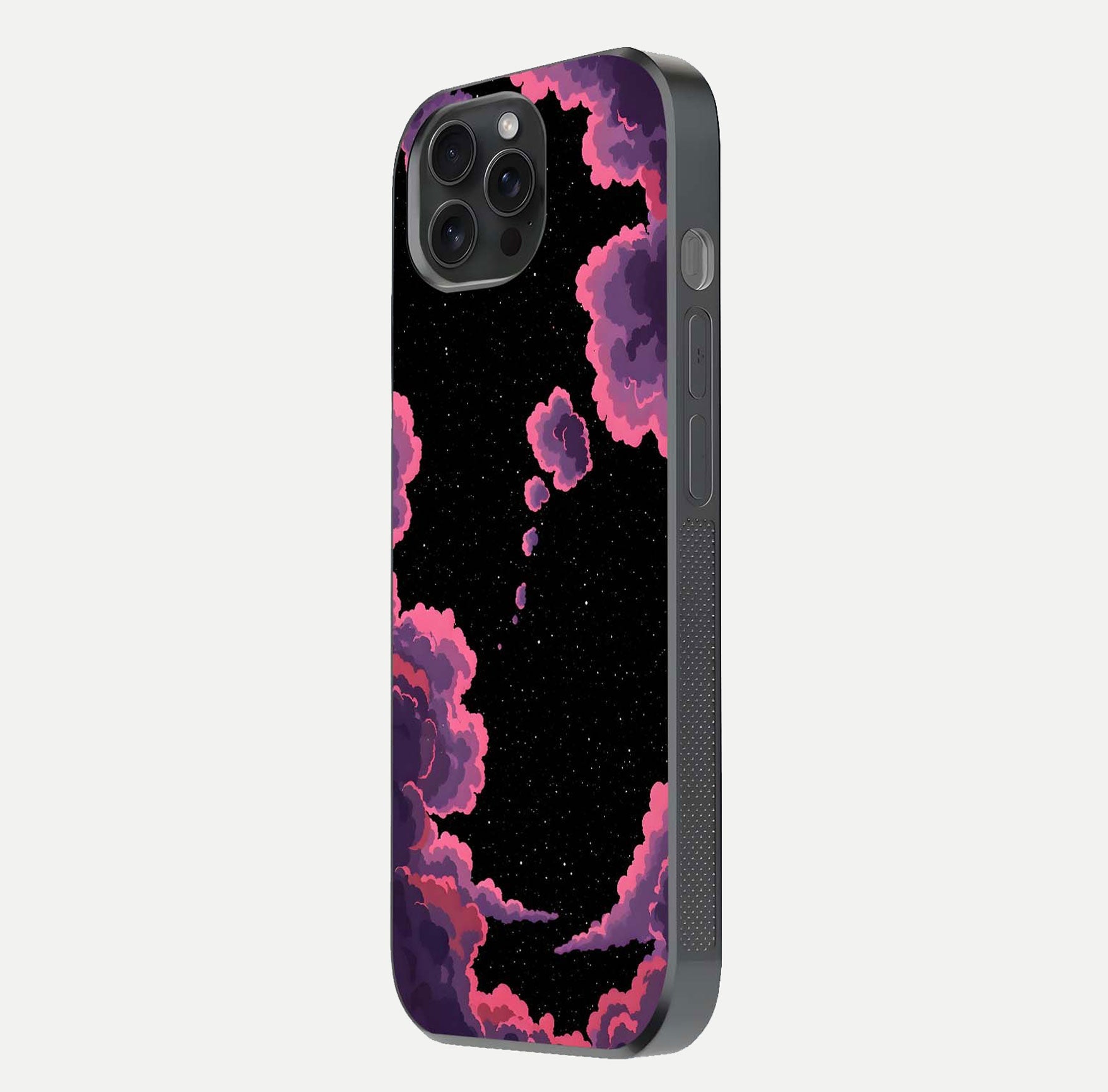 Cosmic Cloud Journey Glass Case for iPhone 15 Pro side-angle photo showing glass reflection and smooth tone