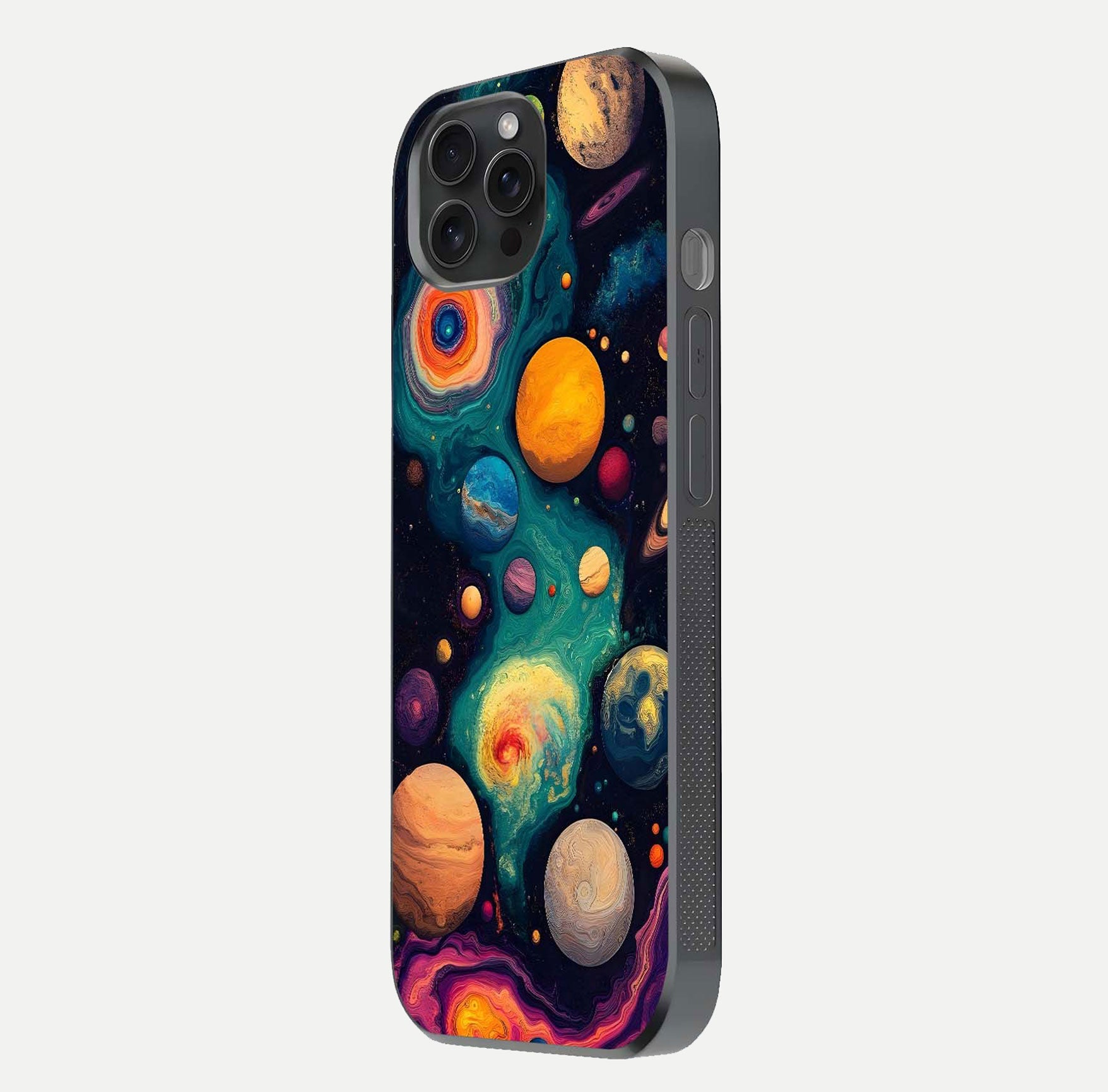 Cosmic Planet Journey Glass Case for iPhone 15 Pro side-angle image capturing smooth gloss and reflective edges