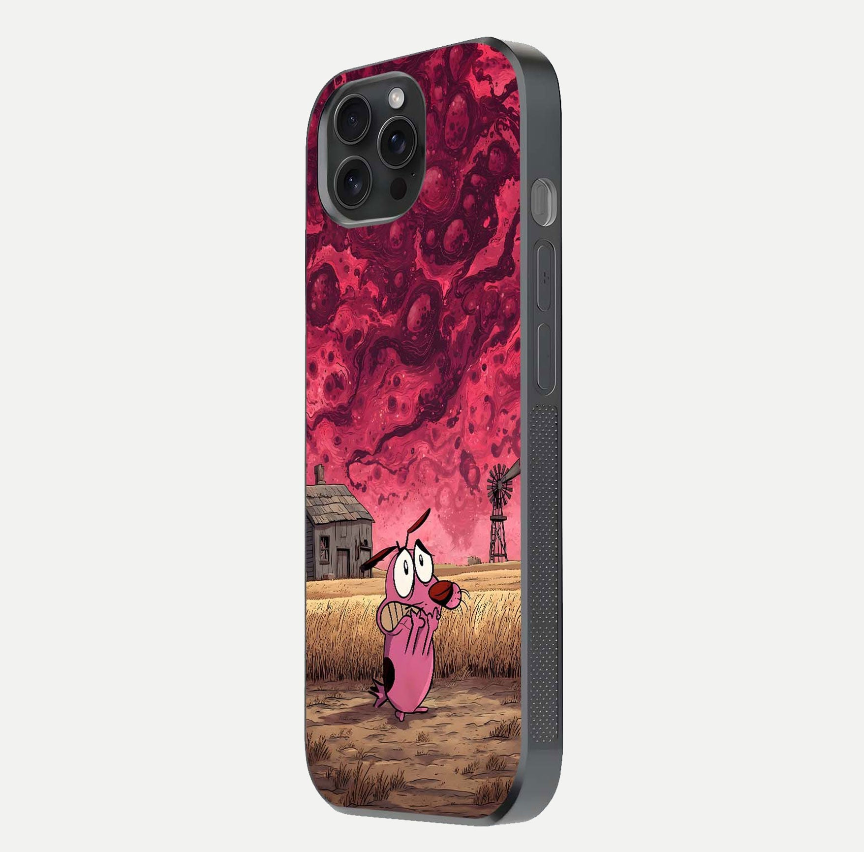 Courage Under Sky Glass Case for iPhone 15 Pro side-angle photo showing gloss tone and curve highlight