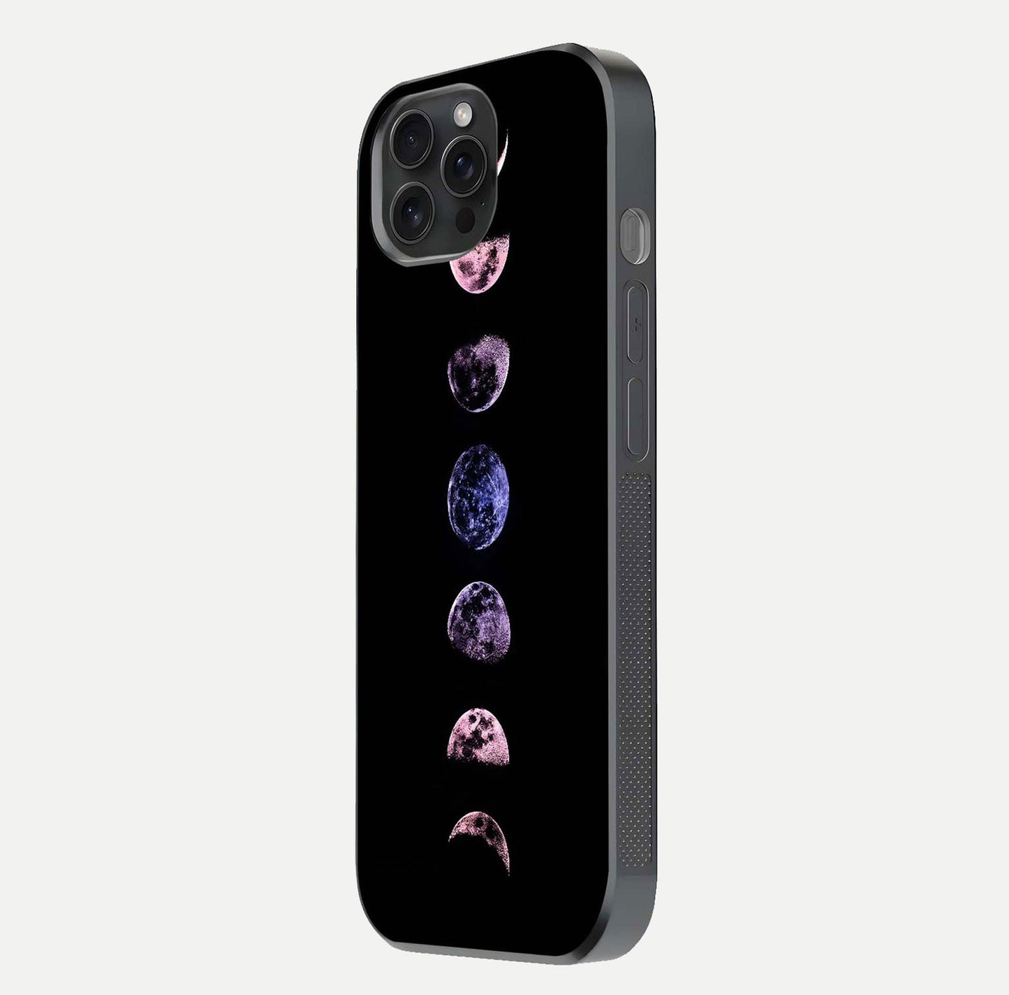 Crimson All Planets Glass Case for iPhone 15 Pro side-angle photo capturing edge glow and glass reflection