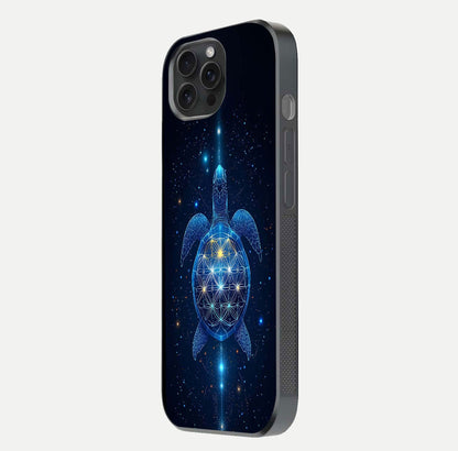 Crimson Blue Turtle Glass Case for iPhone 15 Pro side-angle photo showing curved edge and glass gloss