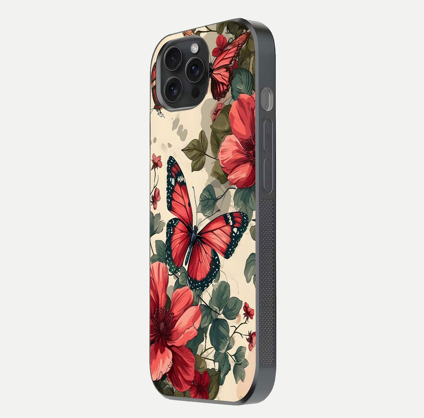 Crimson Butterfly Garden Glass Case for iPhone 15 Pro side-angle photo capturing gloss texture and soft tone