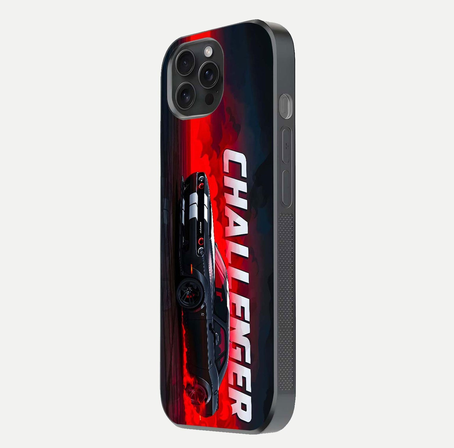 Crimson Challenger Fury Glass Case for iPhone 15 Pro side-angle image showing curve reflection and red finish