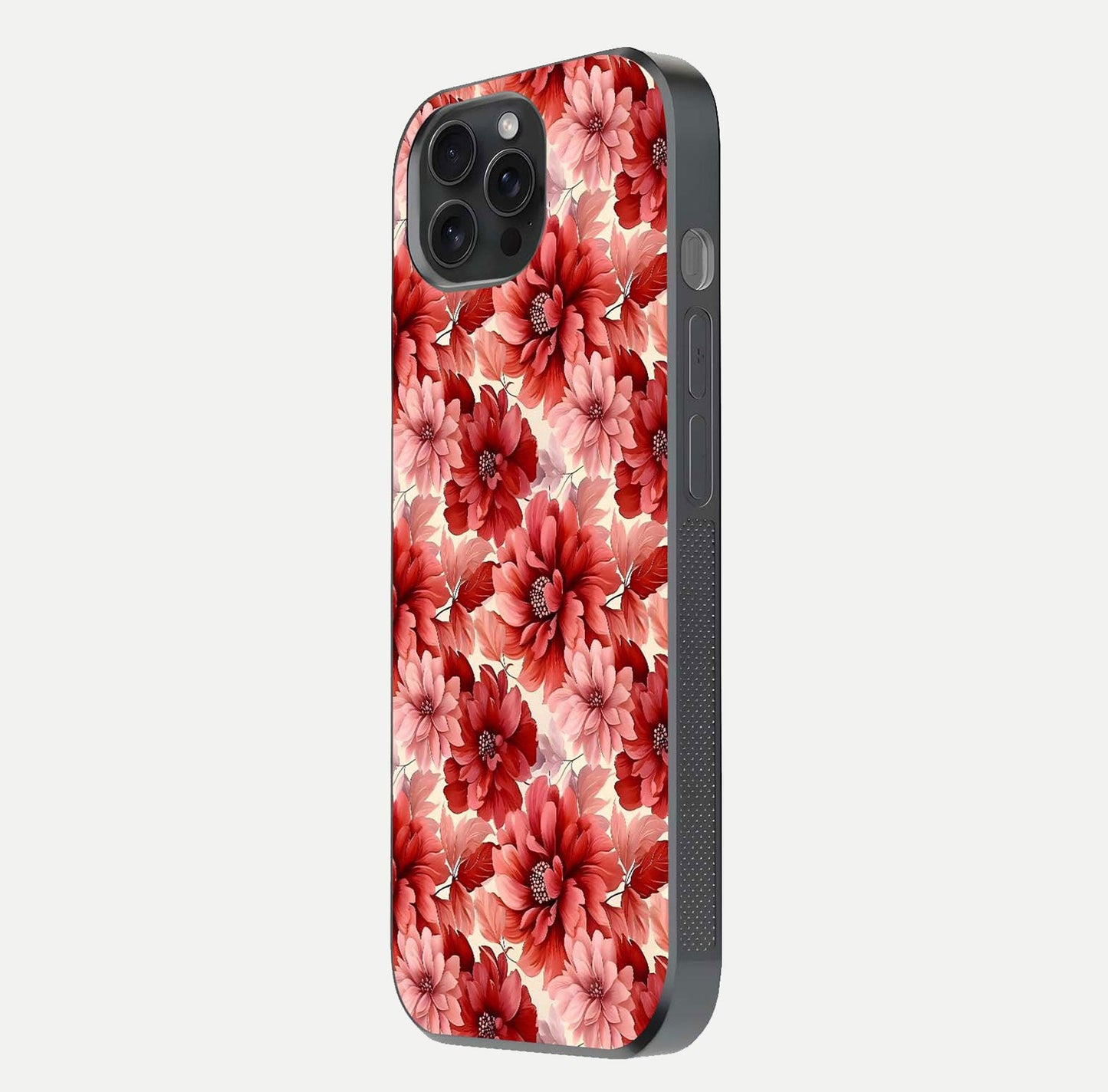 Crimson Love Petals Glass Case for iPhone 15 Pro side-angle photo showing reflection glow and edge clarity