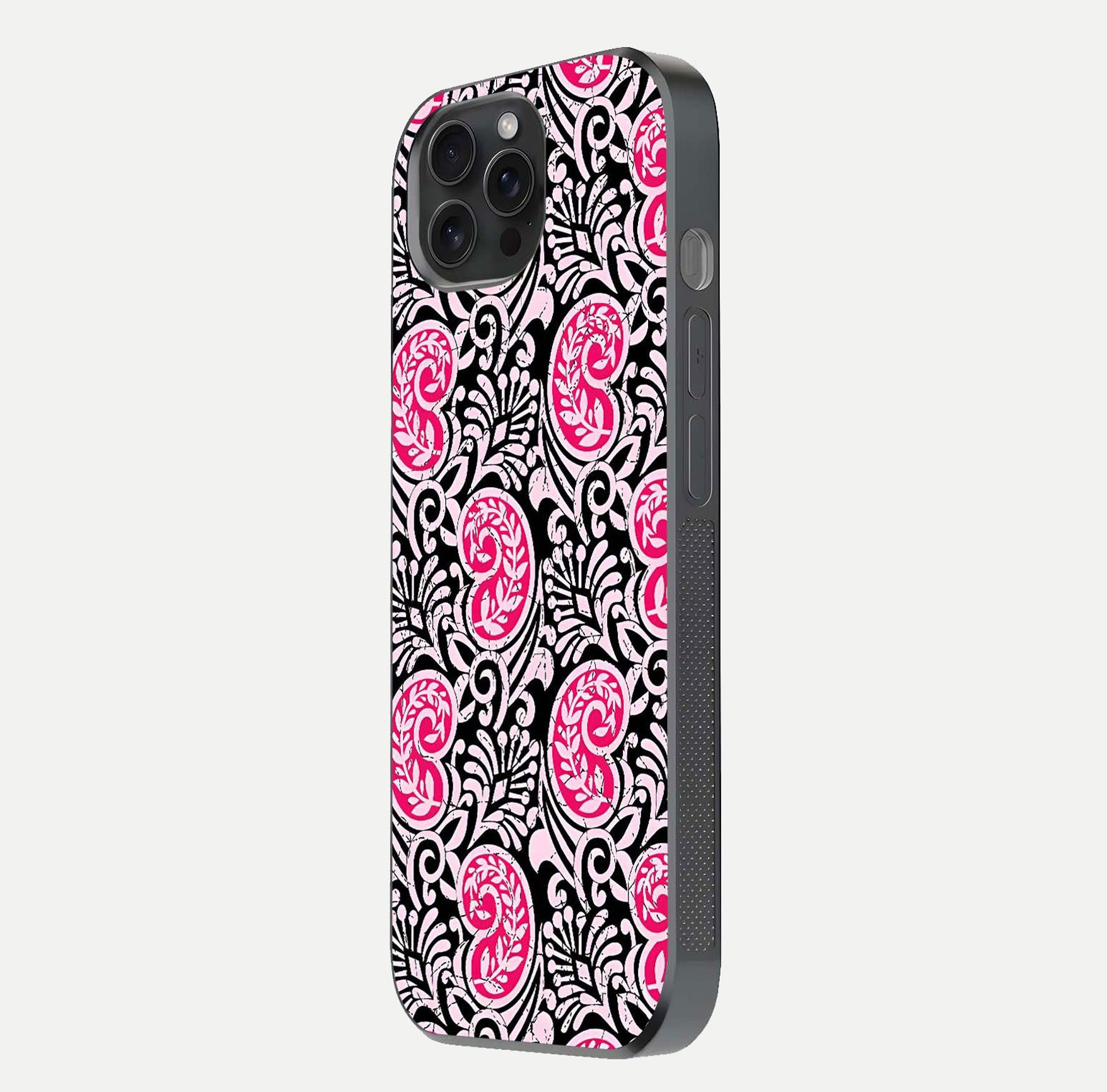 Crimson Paisley Charm Glass Case for iPhone 15 Pro side-angle image showing reflection and smooth edges