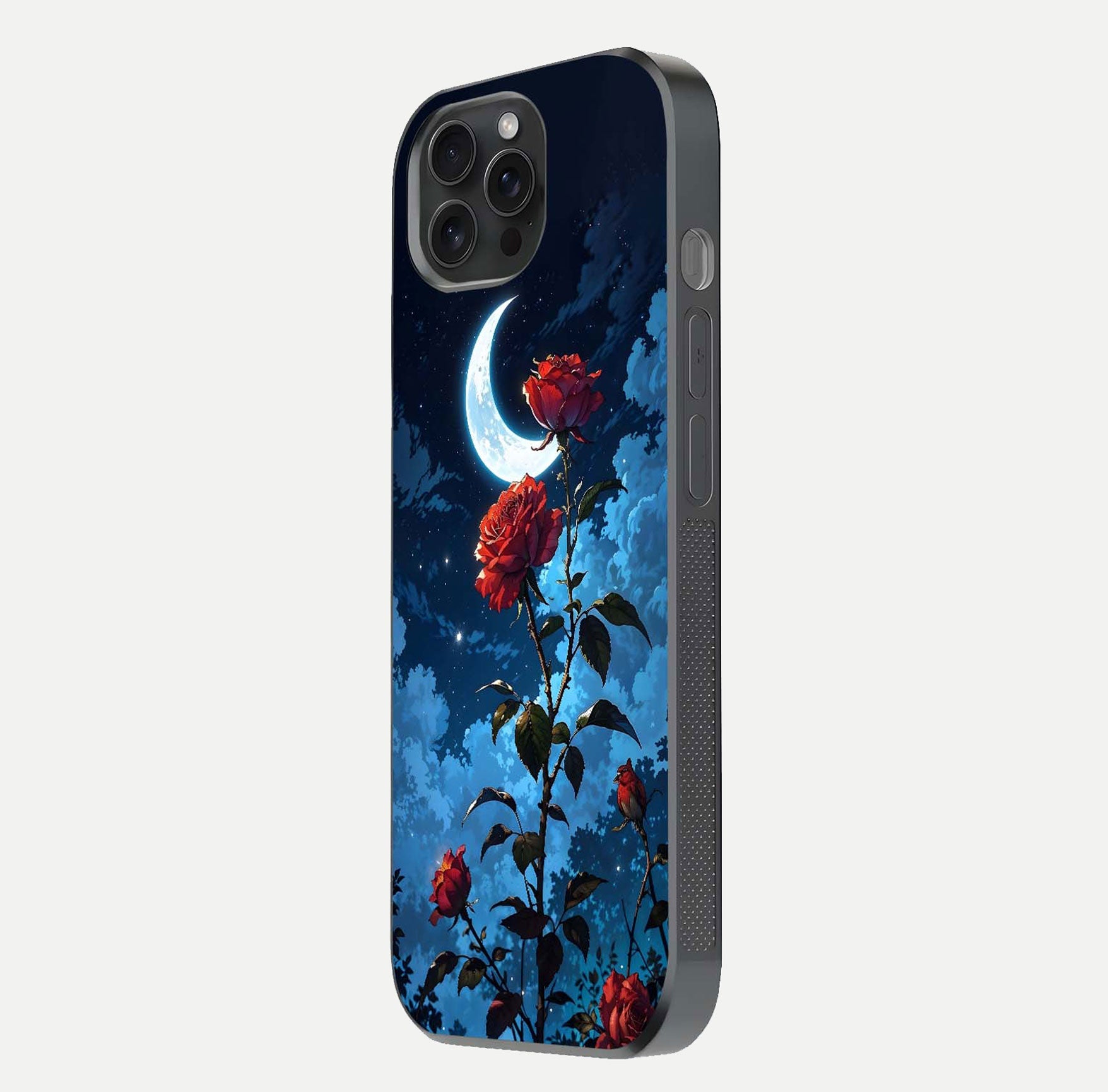 Crimson Rose Moon Glass Case for iPhone 15 Pro side-angle photo showing reflective texture and smooth curve