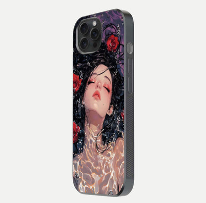 Crimson Rose Serenity Glass Case for iPhone 15 Pro side-angle photo showing glass reflection and soft edges