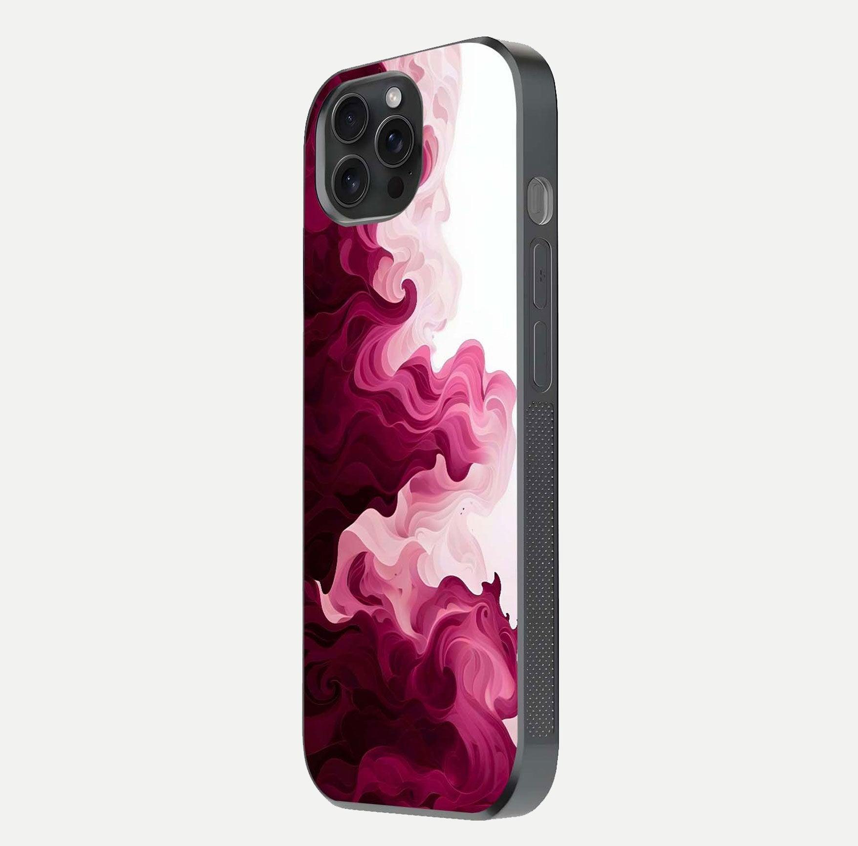 Crimson Wave Flow Glass Case for iPhone 15 Pro side-angle photo showing reflection glow and HD finish