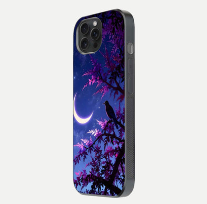 Crow & Moon Scenery Glass Case for iPhone 15 Pro side-angle photo capturing glossy shine and artistic contrast